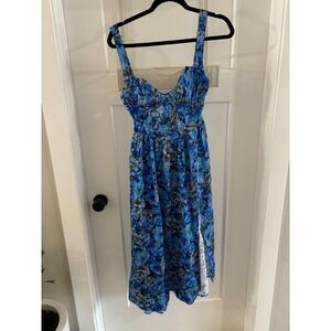NWT For Love & Lemons Astor Blue Floral Midi Dress Corset open Back Slit Small
